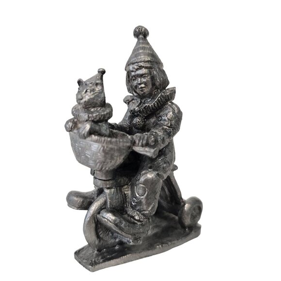 Vintage micheal ricker Pewter Clown On Tricycle Figurine With Cat In Basket - Picture 7 of 9